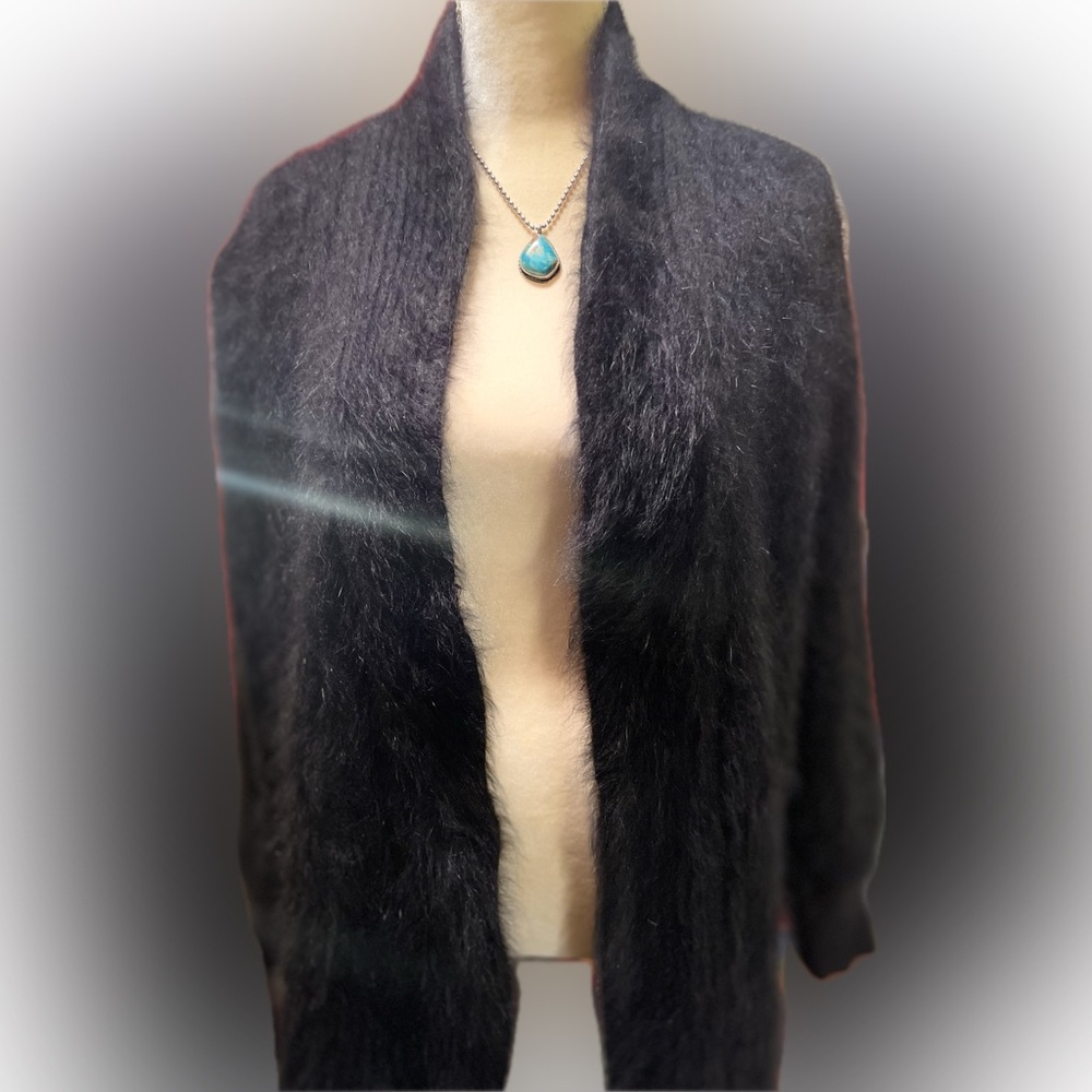 Highest Quality VENESHA 80% Angora Black Fuzzy Jacket, Coat, Cardigan Sweater L